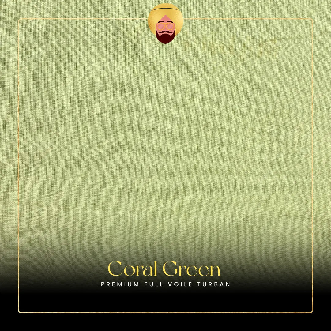 Coral Green premium full voile turban with brand name on a green fabric background of turban on top