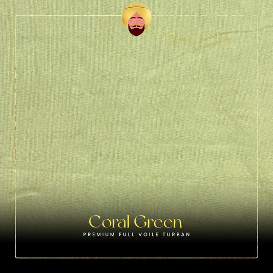 Coral Green premium full voile turban with brand name on a green fabric background of turban on top